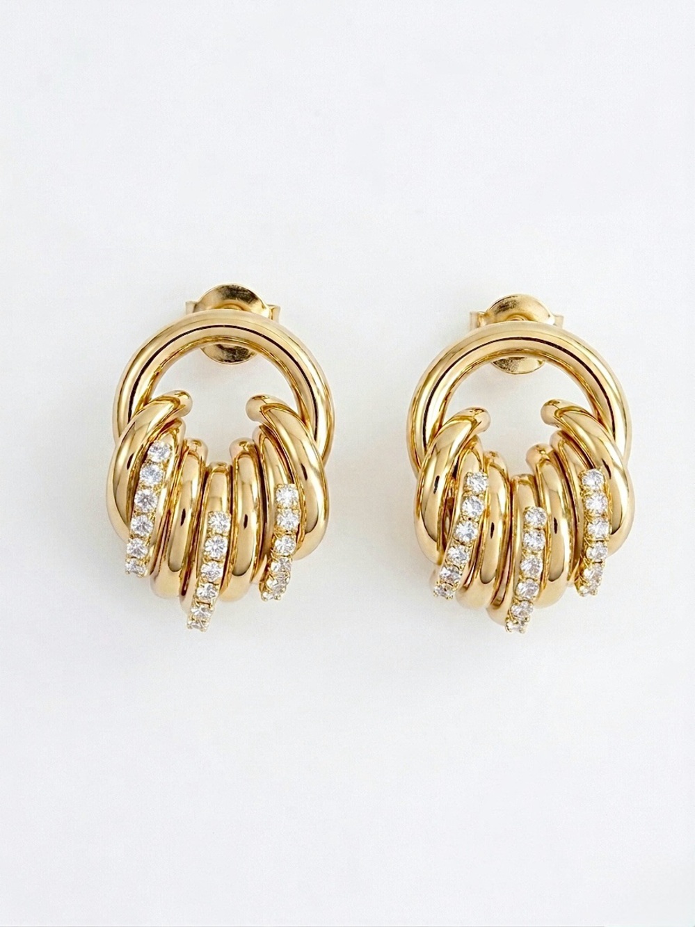 14K Gold Plated Ribbed & Circle Stud Earrings | CZ Encrusted Layered Statement - Picture 2 of 9